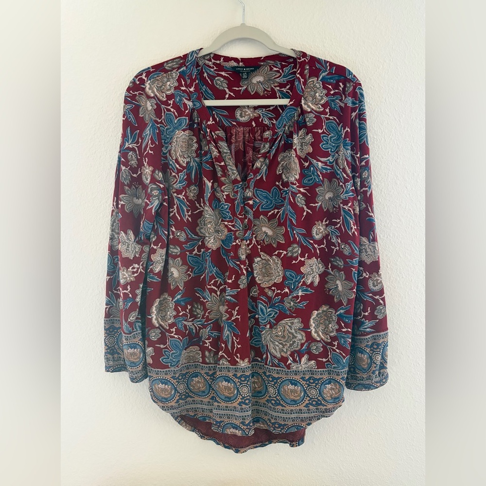 Lucky Brand Floral Boho Top Burgundy Teal High Low Hem Size Large